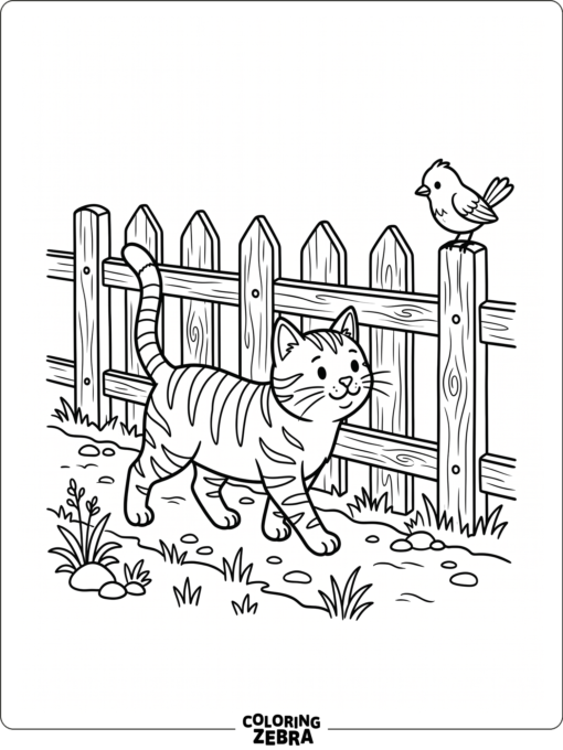 A striped cat walking near a fence and a bird