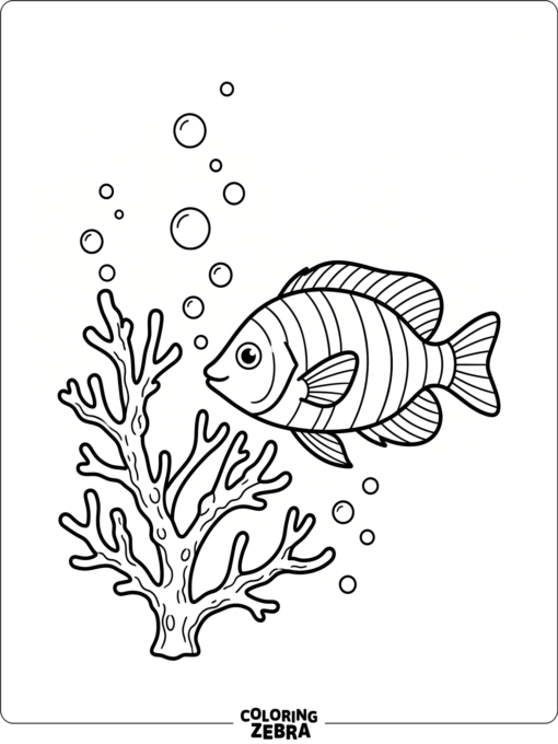 A striped fish near coral and bubbles