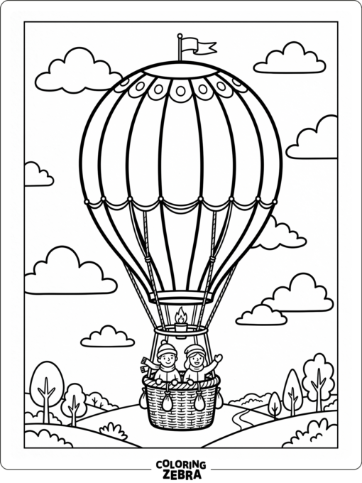 A striped hot air balloon with a small basket