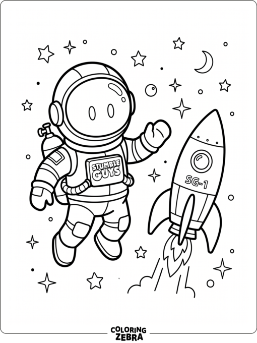Astronaut game character floating near a rocket