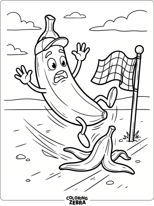 Banana character slipping near a race flag