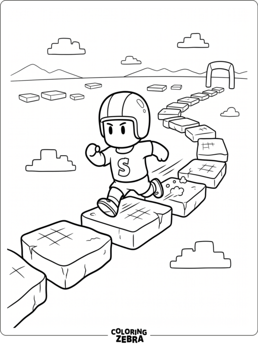Stumble Guys game character sprinting across floating blocks