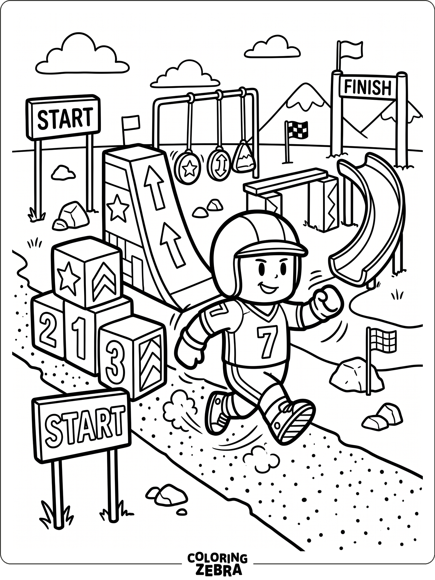 Cartoon game character running through obstacles
