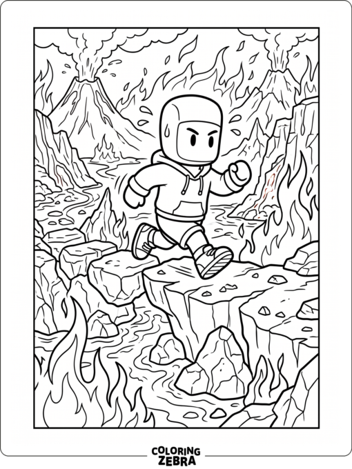 Stumble Guys game character running across lava rocks