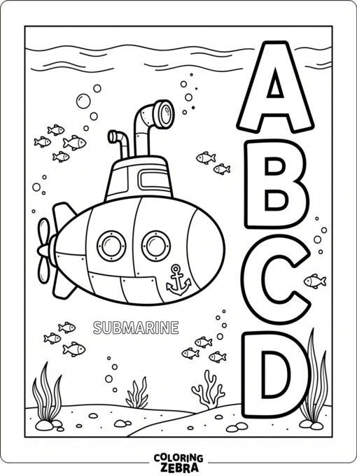 A submarine beside large alphabet letters and tiny fish