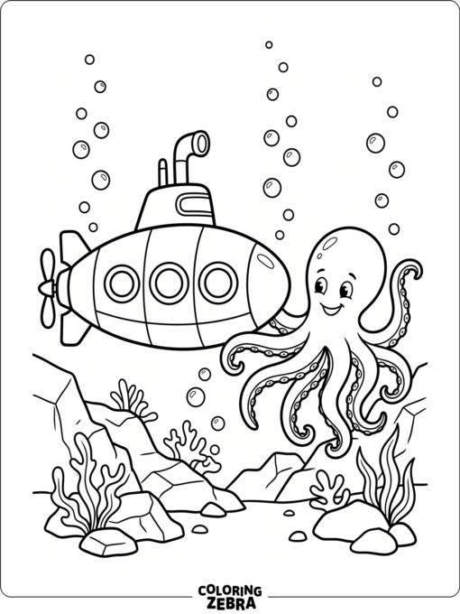 A submarine beside an octopus with bubbles and rocks below