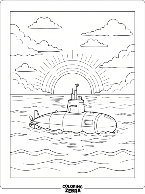 A submarine floating under a sunset with calm waves and clouds