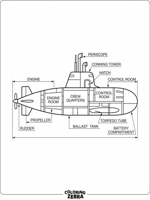 A technical submarine drawing with clean lines