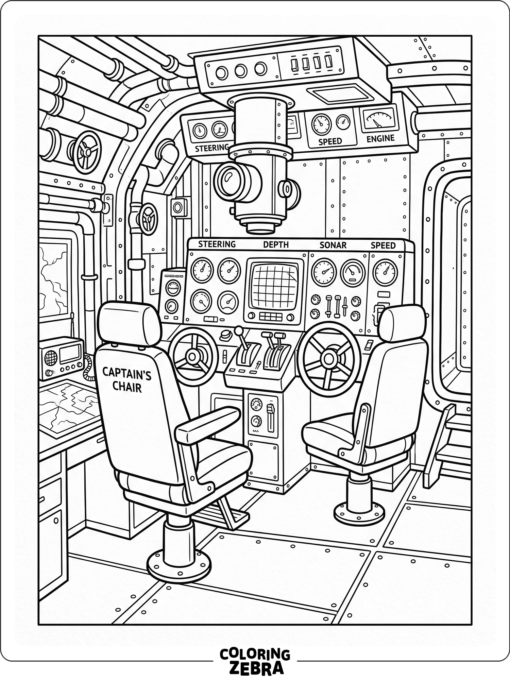 A submarine bridge with gauges and seats