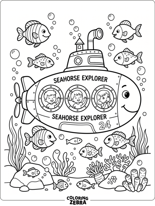 A kid friendly submarine with fish around it