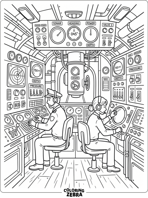 A submarine control room with panels and screens