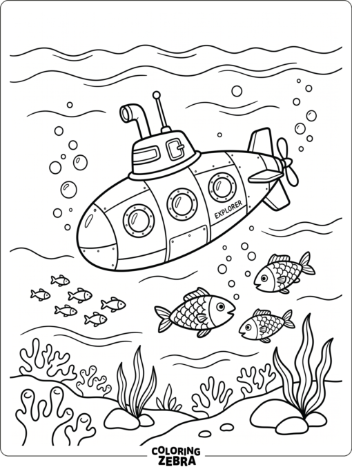 A submarine diving downward through calm water with fish and bubbles