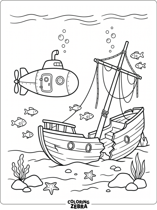 A submarine exploring a shipwreck with fish and hanging ropes