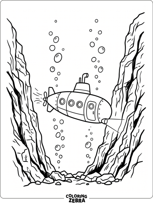 A submarine deep in an ocean trench with tall cliffs and bubbles