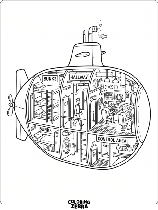 A cutaway submarine showing rooms inside