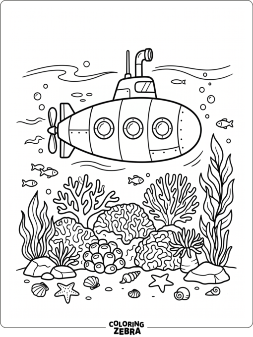 A submarine near a coral reef and sea plants