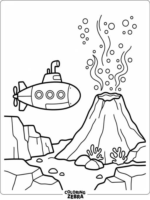 A submarine near an underwater volcano with bubbles and rocky shapes