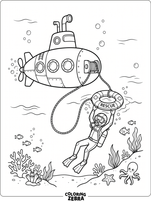 A submarine helping a diver with a rope and rescue buoy