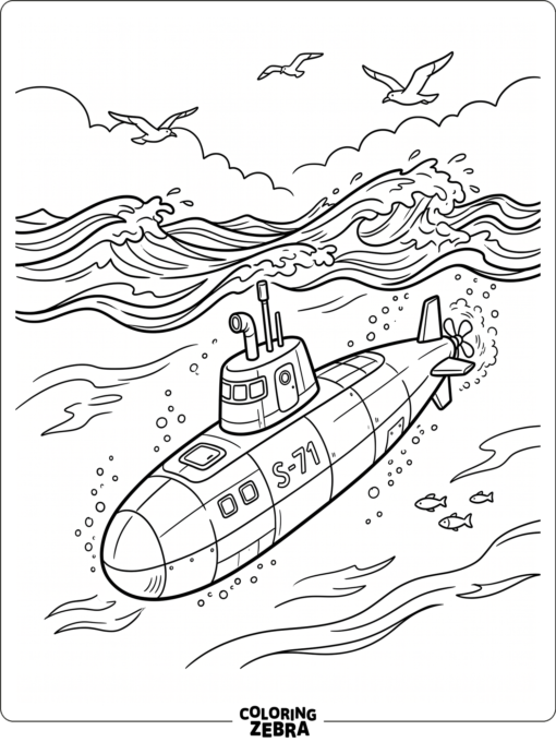 A submarine rising toward the water surface with waves above