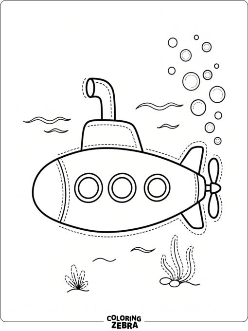 A submarine outline with traceable lines and small bubbles