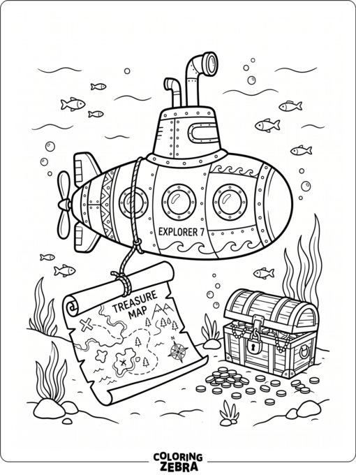 A submarine carrying a treasure map near a chest and coins
