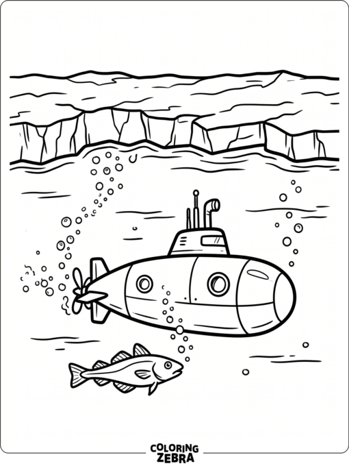 A submarine traveling under ice sheets with a polar fish and bubbles