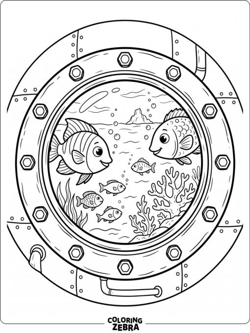 A submarine window with fish outside