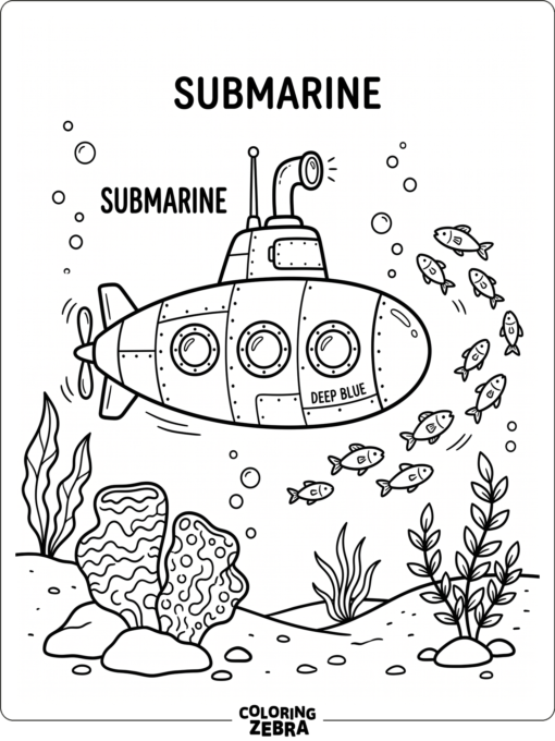 A submarine swimming past fish underwater