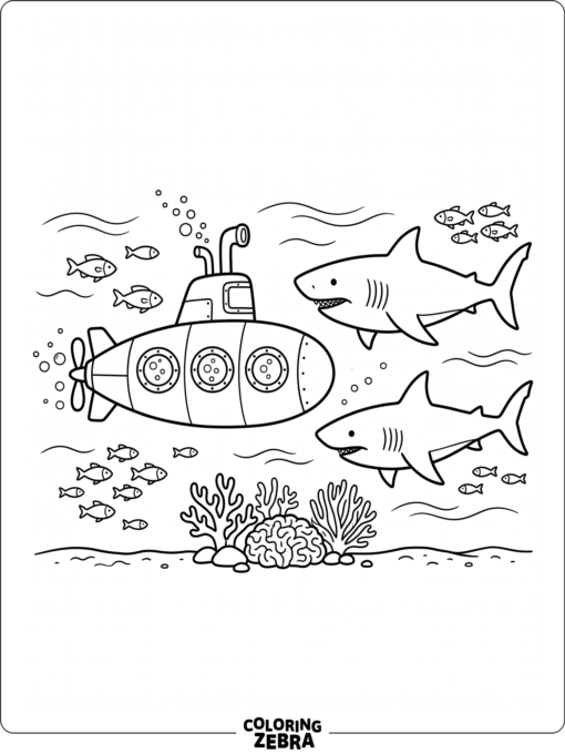 A submarine passes a shark with fish and coral in the water