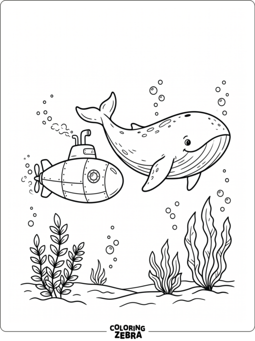 A small submarine floats near a whale with bubbles and seaweed around them