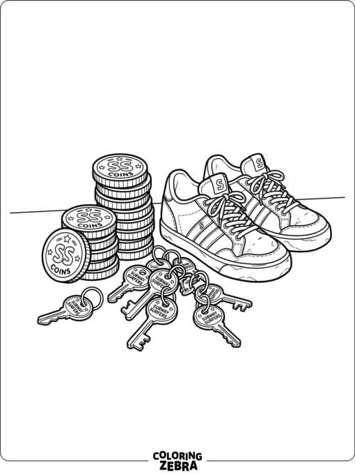 Keys from Subway Surfers beside coins and sneakers