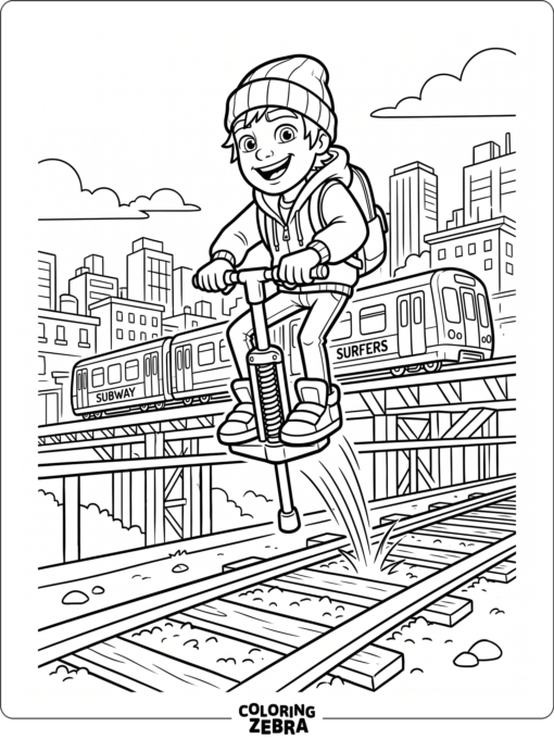 Subway Surfers character jumping on a pogo stick