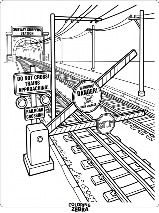 Train barriers with warning signs on a track