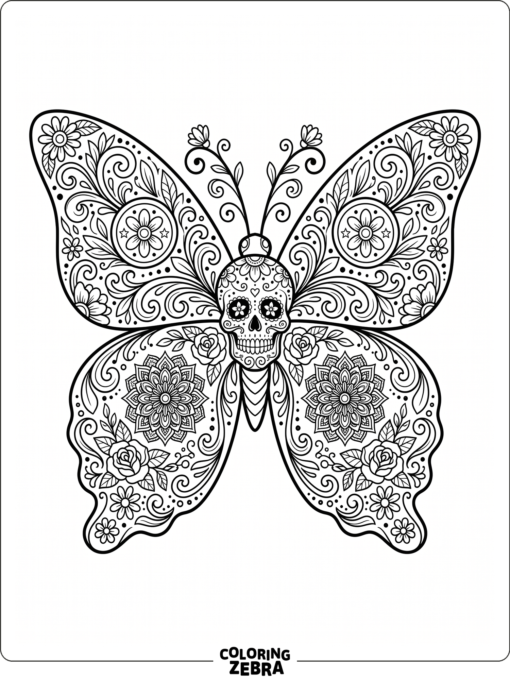 A sugar skull butterfly surrounded by flowers and bold wing details