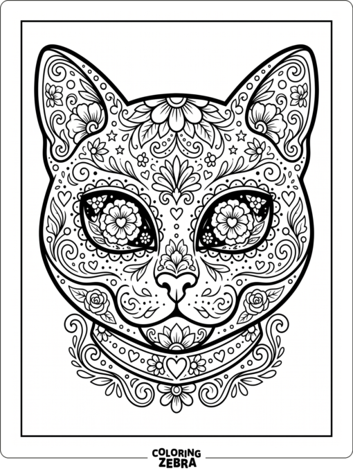 A cat decorated with sugar skull patterns and flowers