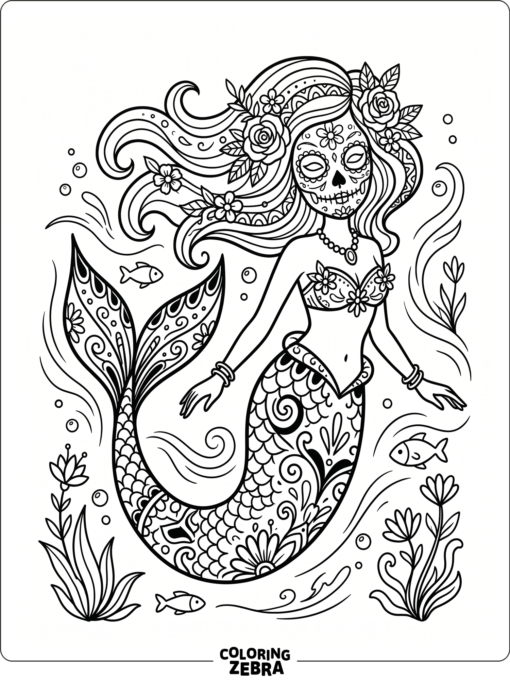 A mermaid with sugar skull makeup and flowers