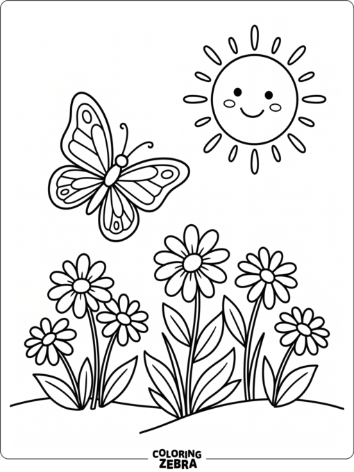 A summer butterfly flying near the sun and flowers