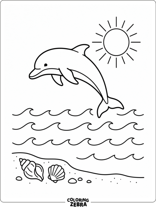A dolphin leaping over waves with a sun and shells