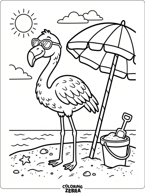 A flamingo in sunglasses by a beach umbrella