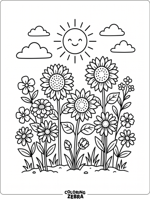 A group of summer flowers under a sunny sky