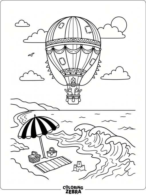 A hot air balloon over a beach with waves and an umbrella
