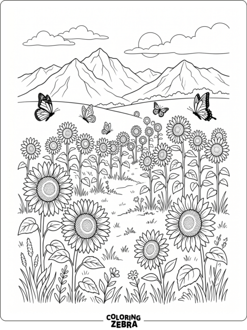 A sunny meadow with flowers, butterflies, and mountains in the distance