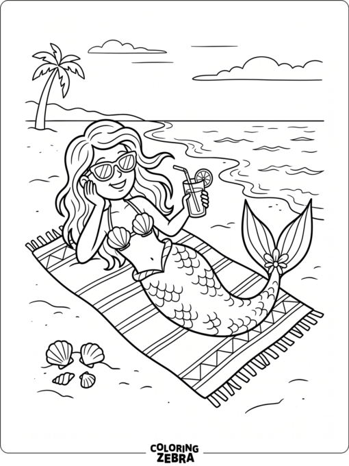 A summer mermaid relaxing on a towel with sunglasses