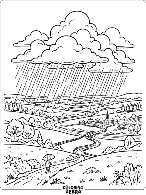 Clouds releasing rain over an open landscape