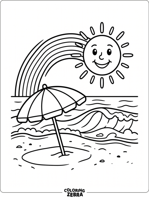 A rainbow over waves, sun, and a beach umbrella