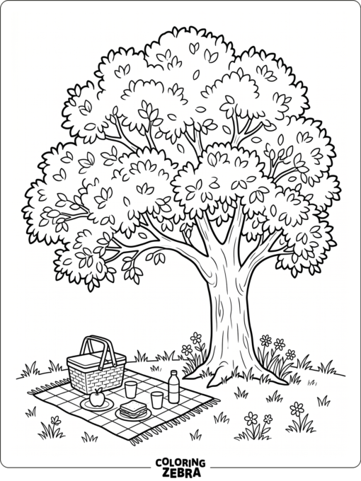 A summer tree with a full canopy and a picnic blanket underneath