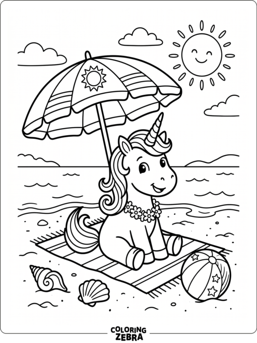 A unicorn relaxing at the beach with a sun umbrella