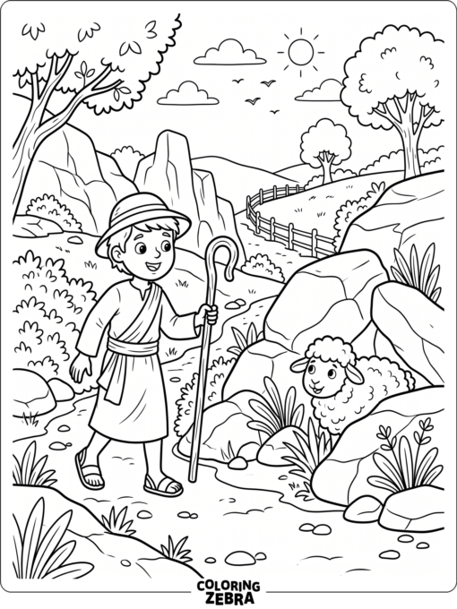 A shepherd looks for one sheep near rocks and a small path