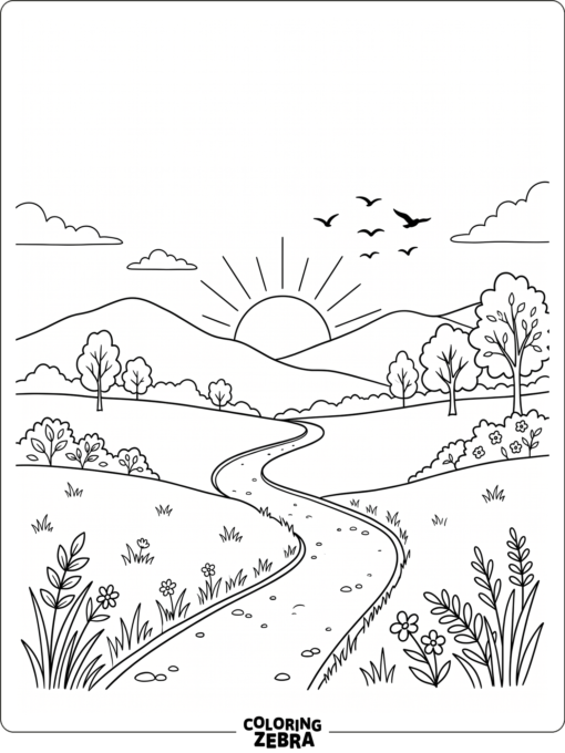 A sundown scene with hills, a path, and birds