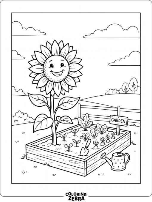 Sunflower smiles beside a small garden bed